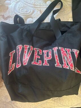 PINK Victoria's Secret Black Tote with Red Plaid LOVE PINK Logo